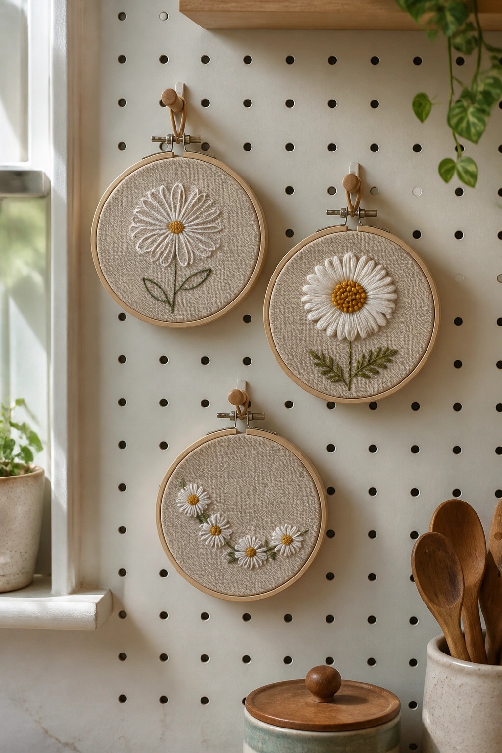 Three daisy-embroidered hoops hanging on a white pegboard wall.