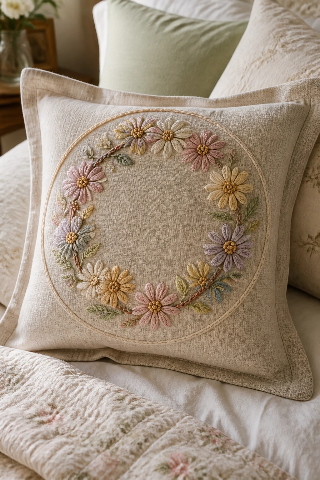 Beige pillow with embroidered pastel daisy wreath on a bed
