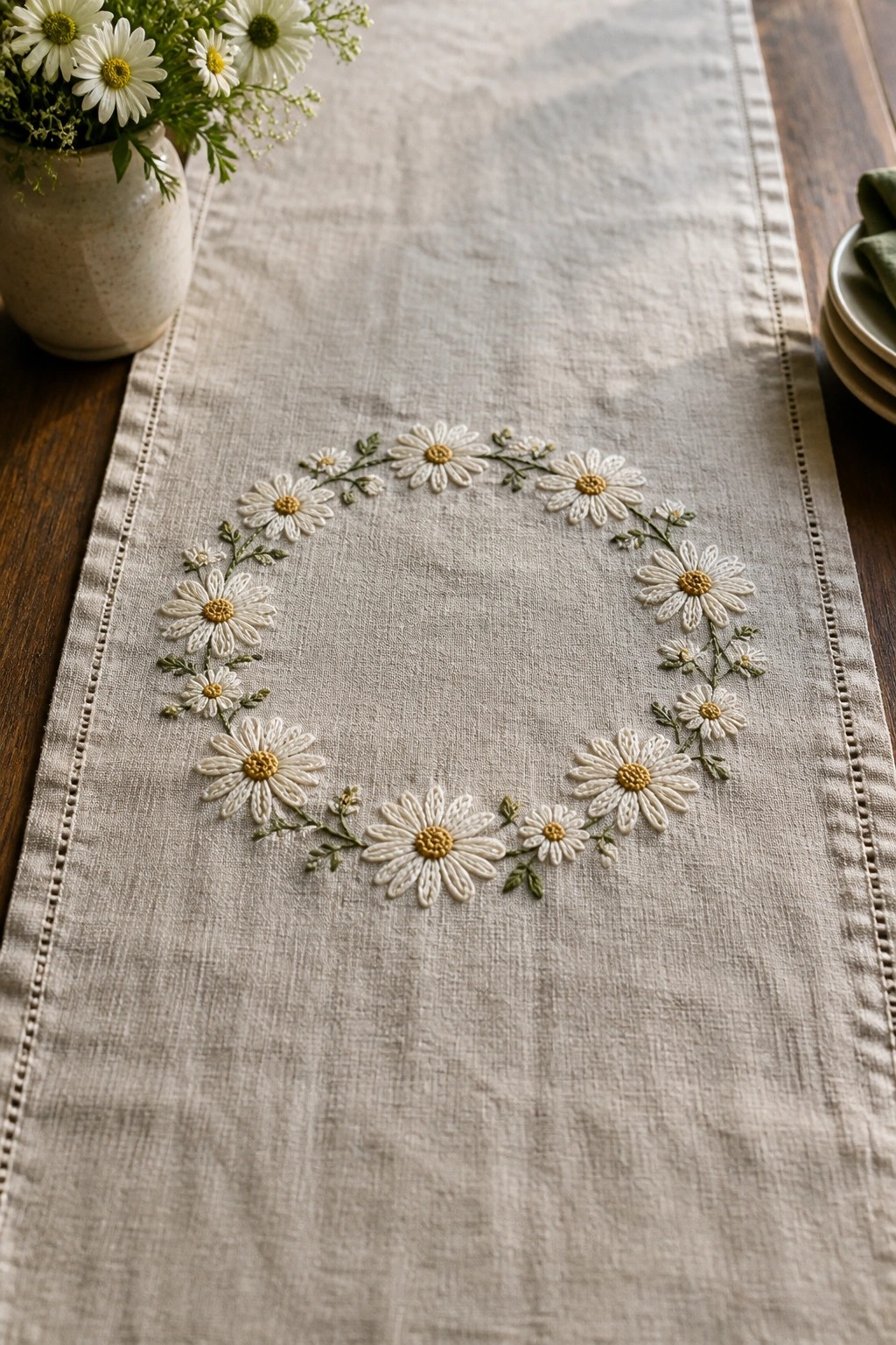 Beige linen runner embroidered with white daisy wreath beside fresh flowers