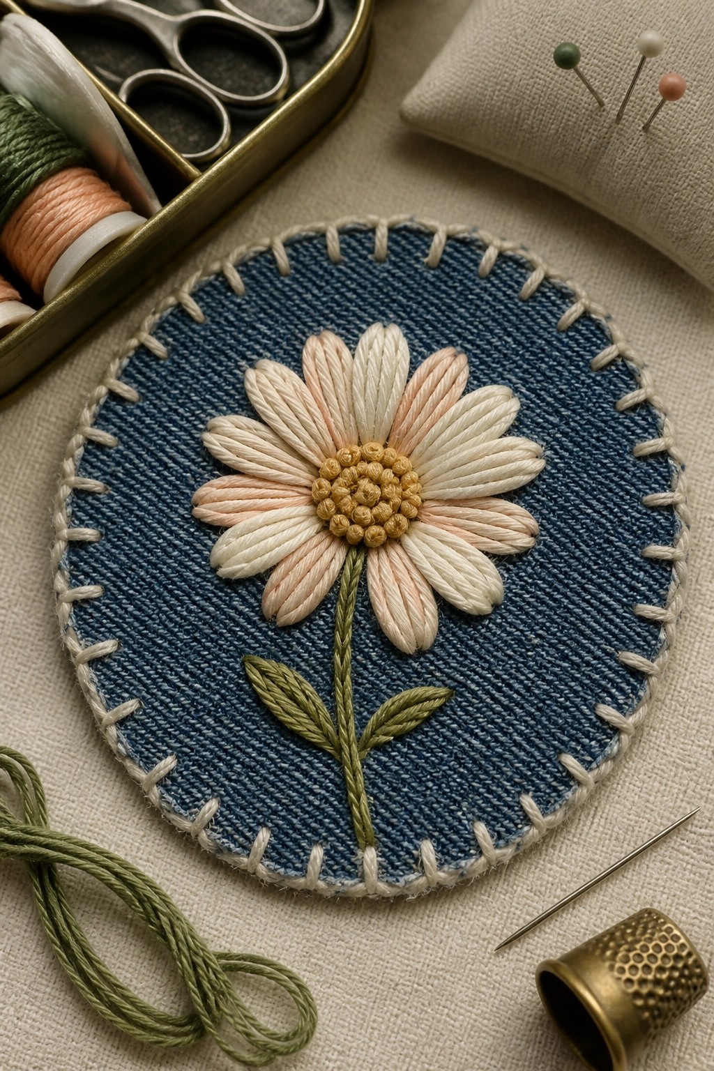 Embroidered daisy on blue denim circle with sewing threads, needle, and thimble