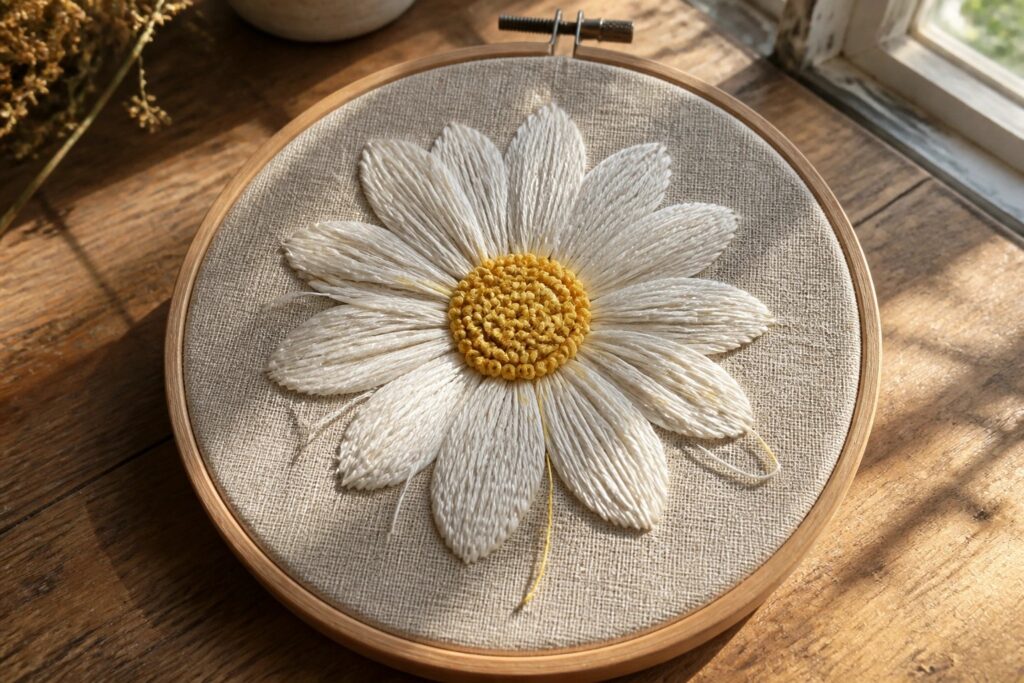 A daisy flower embroidered with white petals and a yellow center inside a wooden embroidery hoop on a wooden surface.