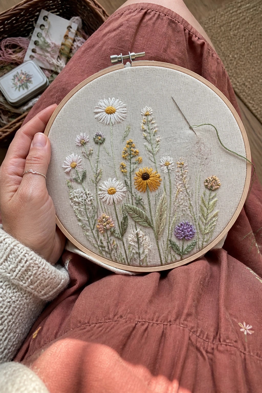 Hands in cream knit sleeve hold wooden hoop with wildflower embroidery on pink lap.