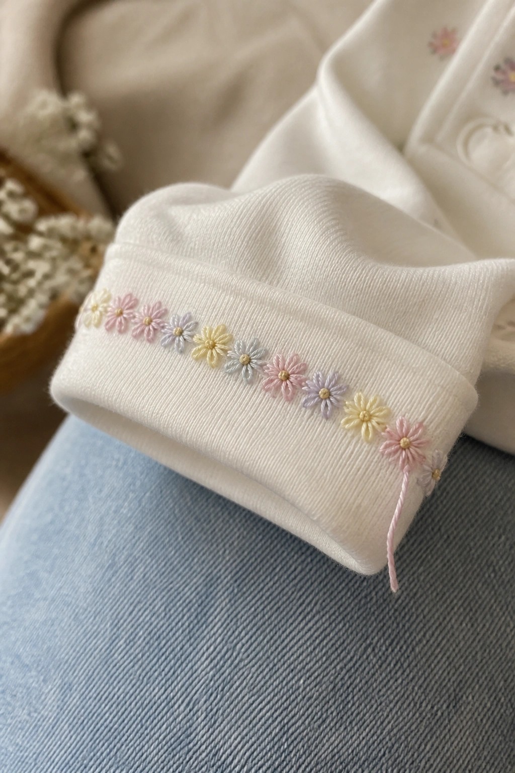 White ribbed cuff with row of pastel daisy embroidery and loose thread