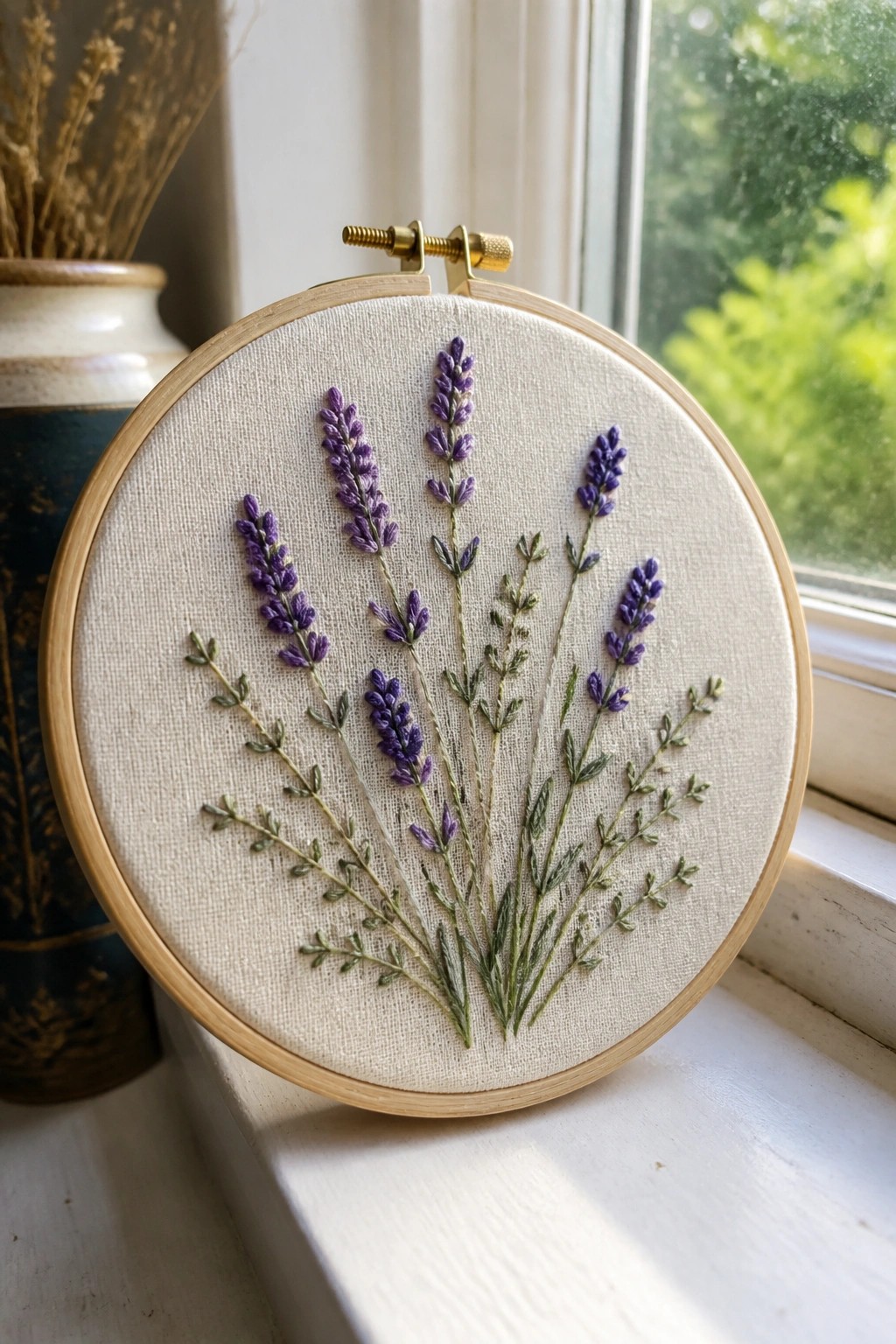 Embroidered purple lavender flowers in green stems within wooden hoop on windowsill