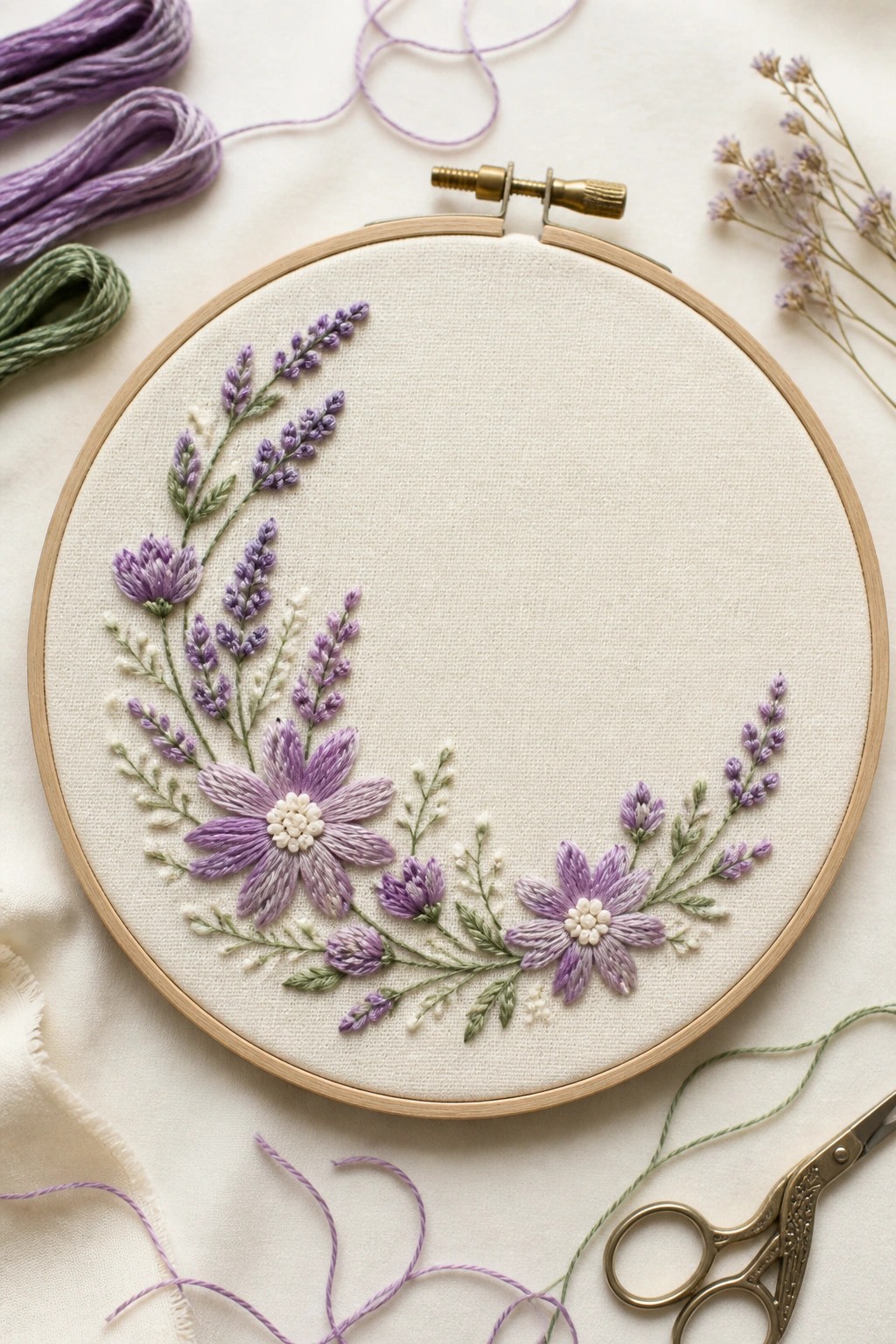 Wooden hoop with purple embroidered flowers, lavender sprigs, scissors, and loose threads.