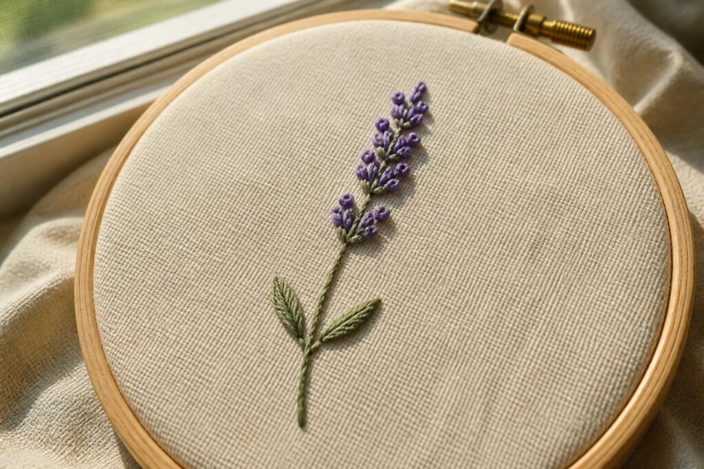 Embroidered lavender stem with purple flowers and green leaves in wooden hoop