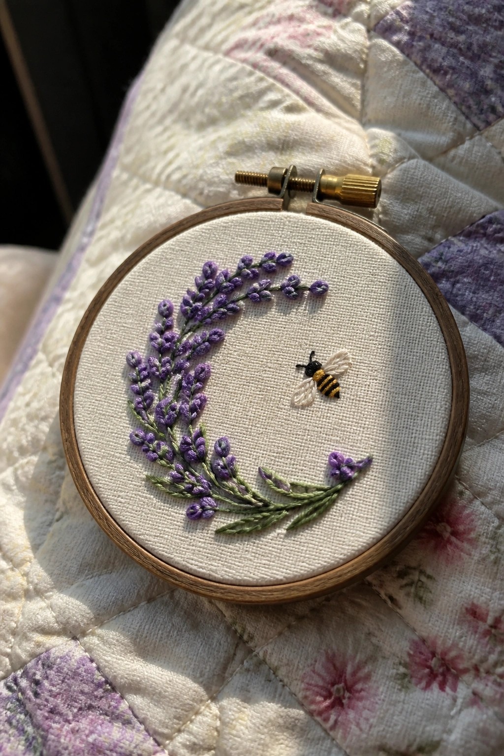 Embroidery hoop with a crescent of purple lavender flowers and a small bee on white fabric.