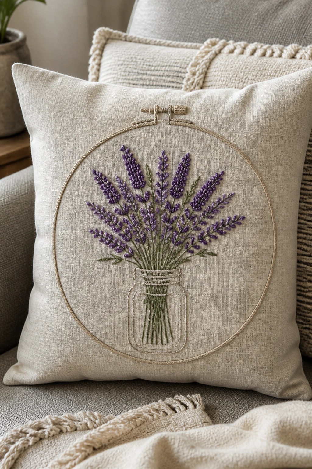 Beige pillow with embroidered purple lavender bouquet in jar inside hoop