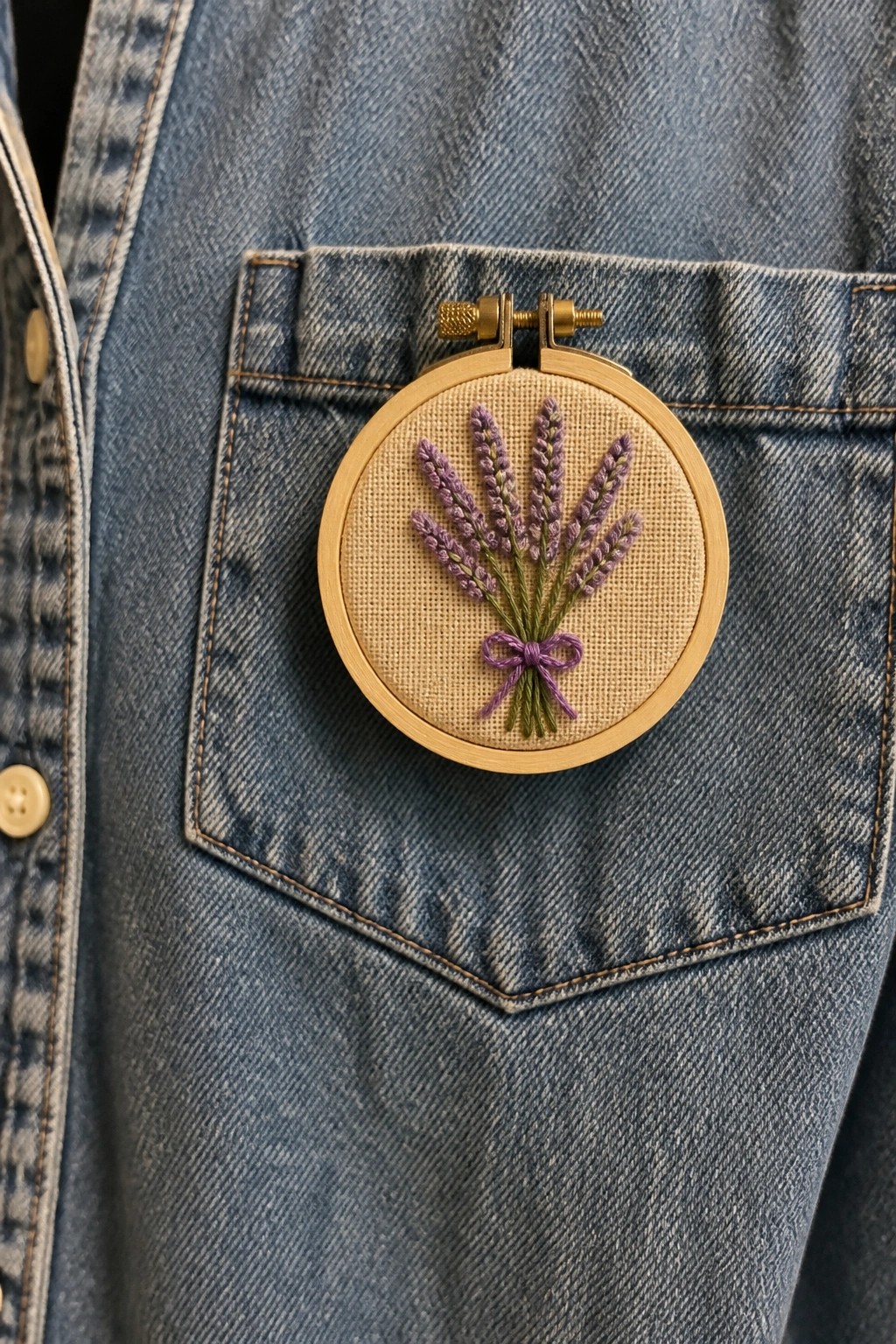 A small wooden embroidery hoop holding purple lavender stems tied with a bow sits inside the back pocket of blue denim jeans.