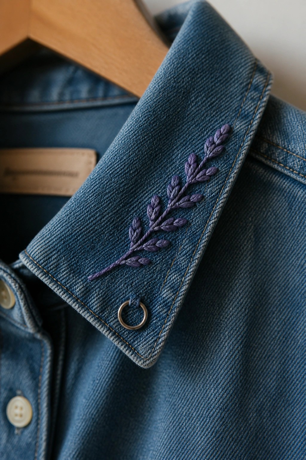 Blue denim jacket collar with purple embroidered lavender and metal grommet.