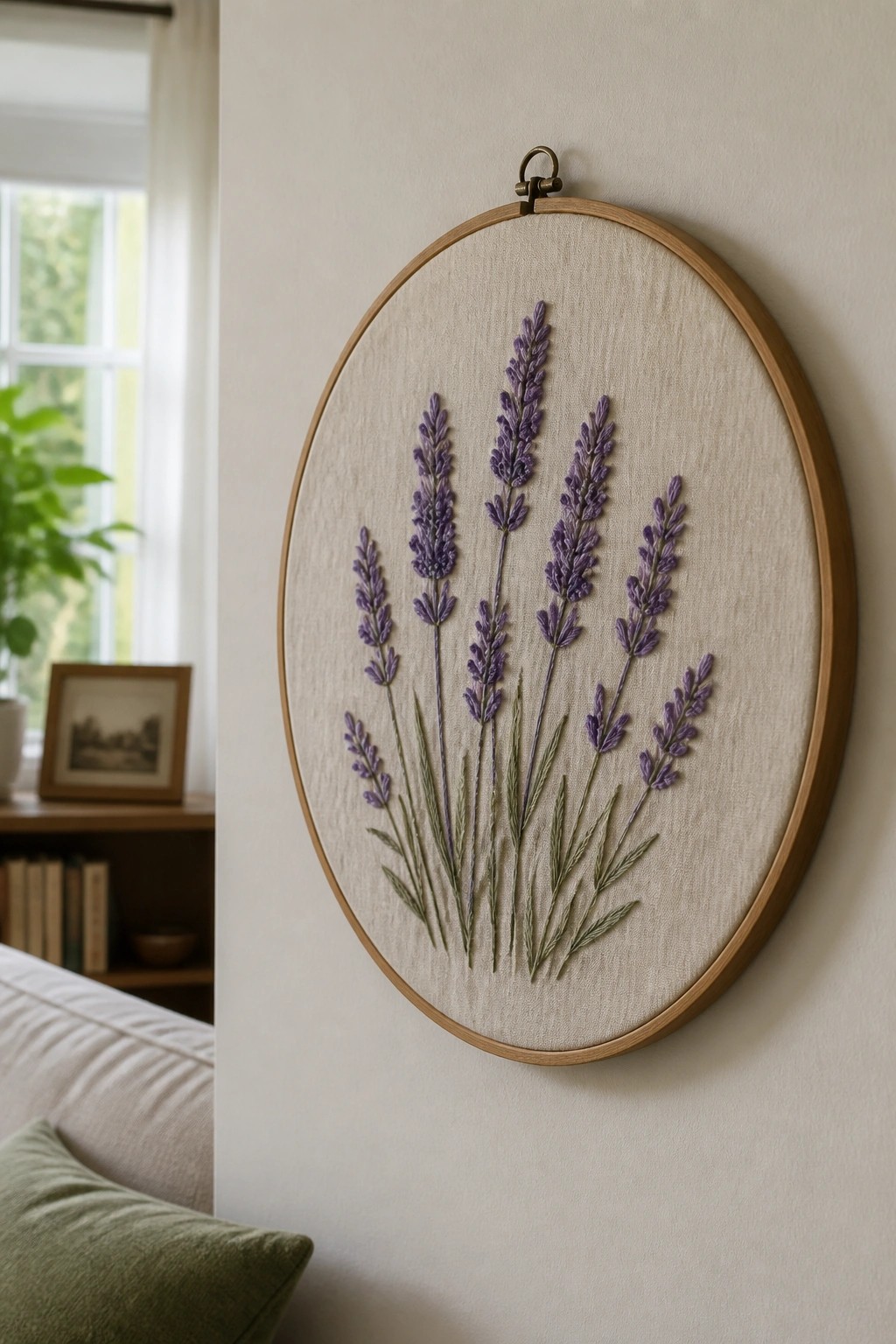 Embroidered purple lavender in wooden hoop on light wall in living room.