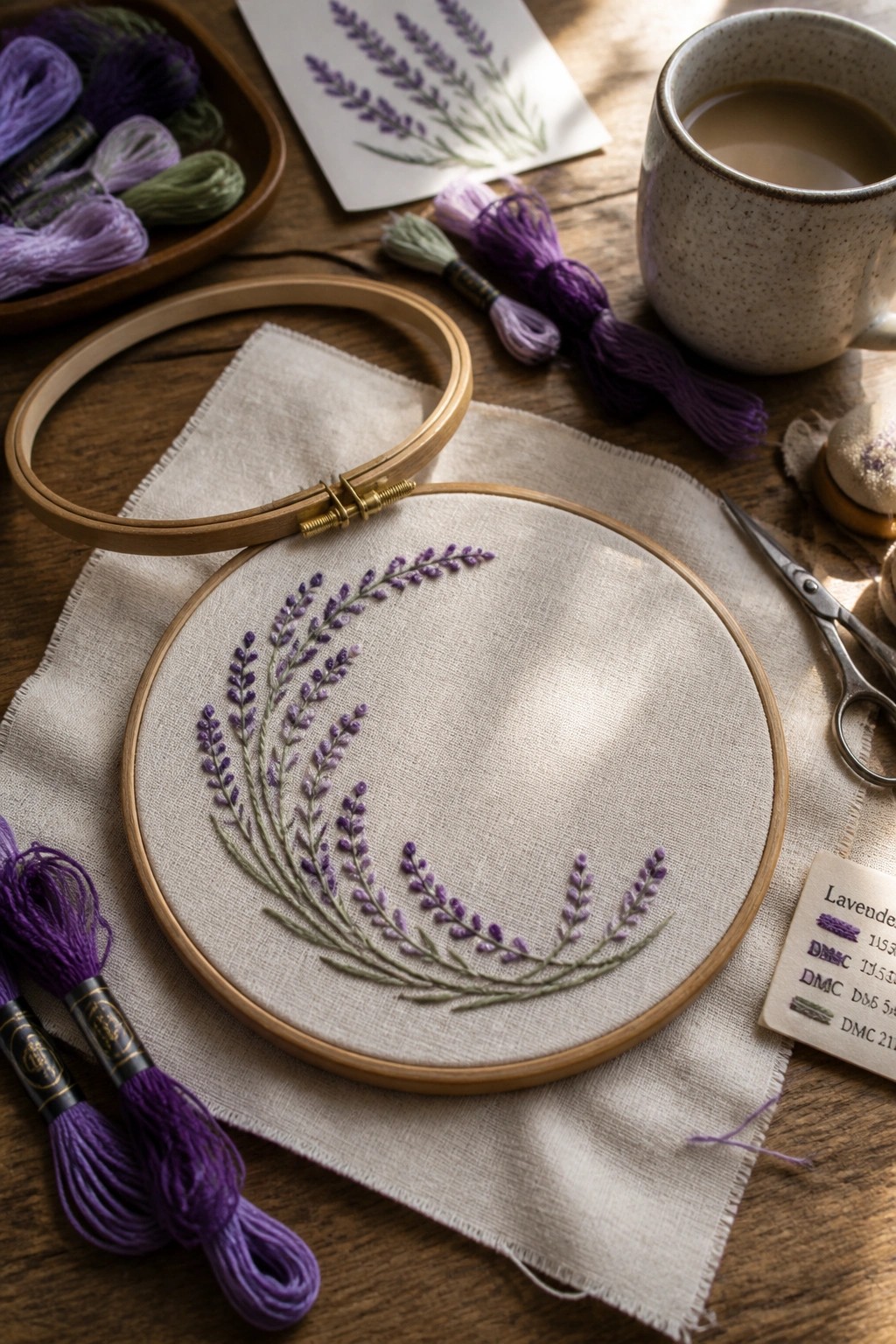 Embroidery hoop with purple lavender flowers on beige fabric amid threads and tools