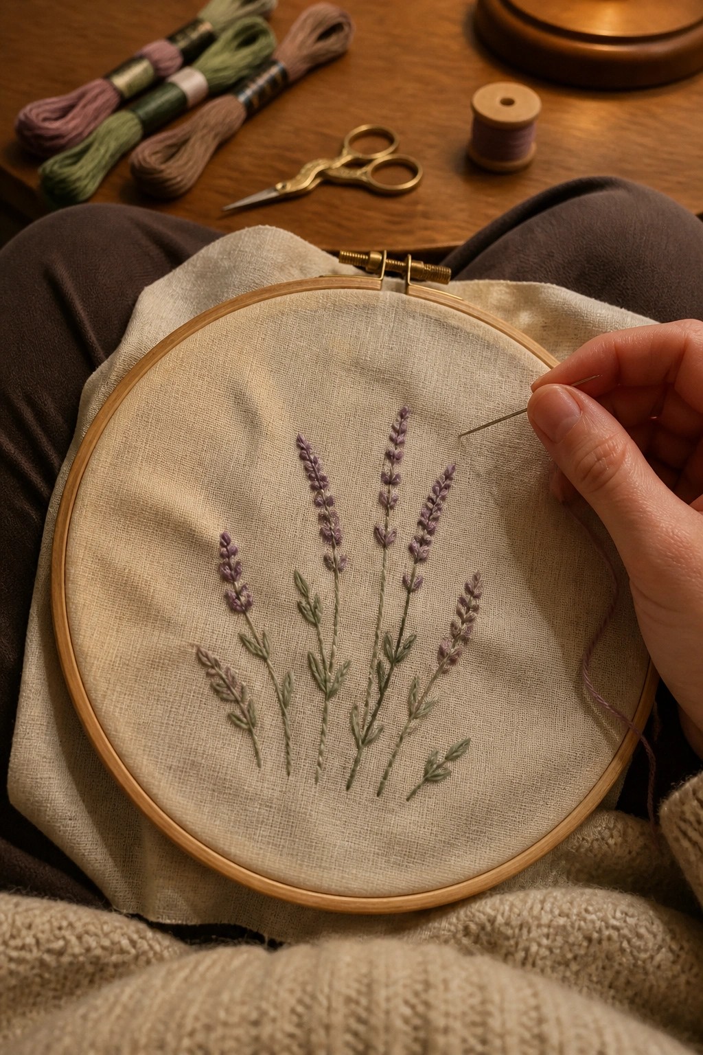 Hand stitching purple lavender on beige fabric in wooden embroidery hoop on lap