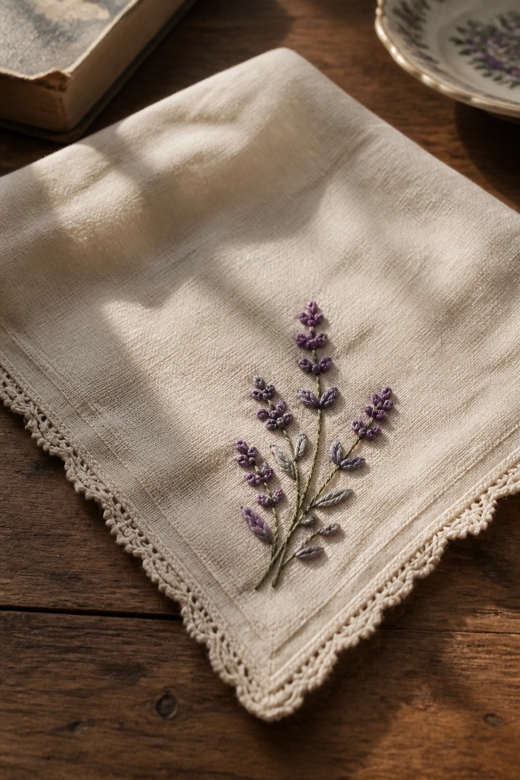Embroidered lavender sprigs in purple on beige linen with lace trim on wood
