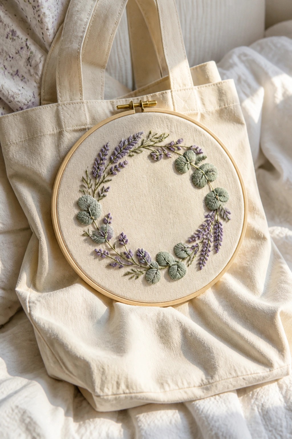 Cream canvas tote bag with embroidered lavender wreath in wooden hoop