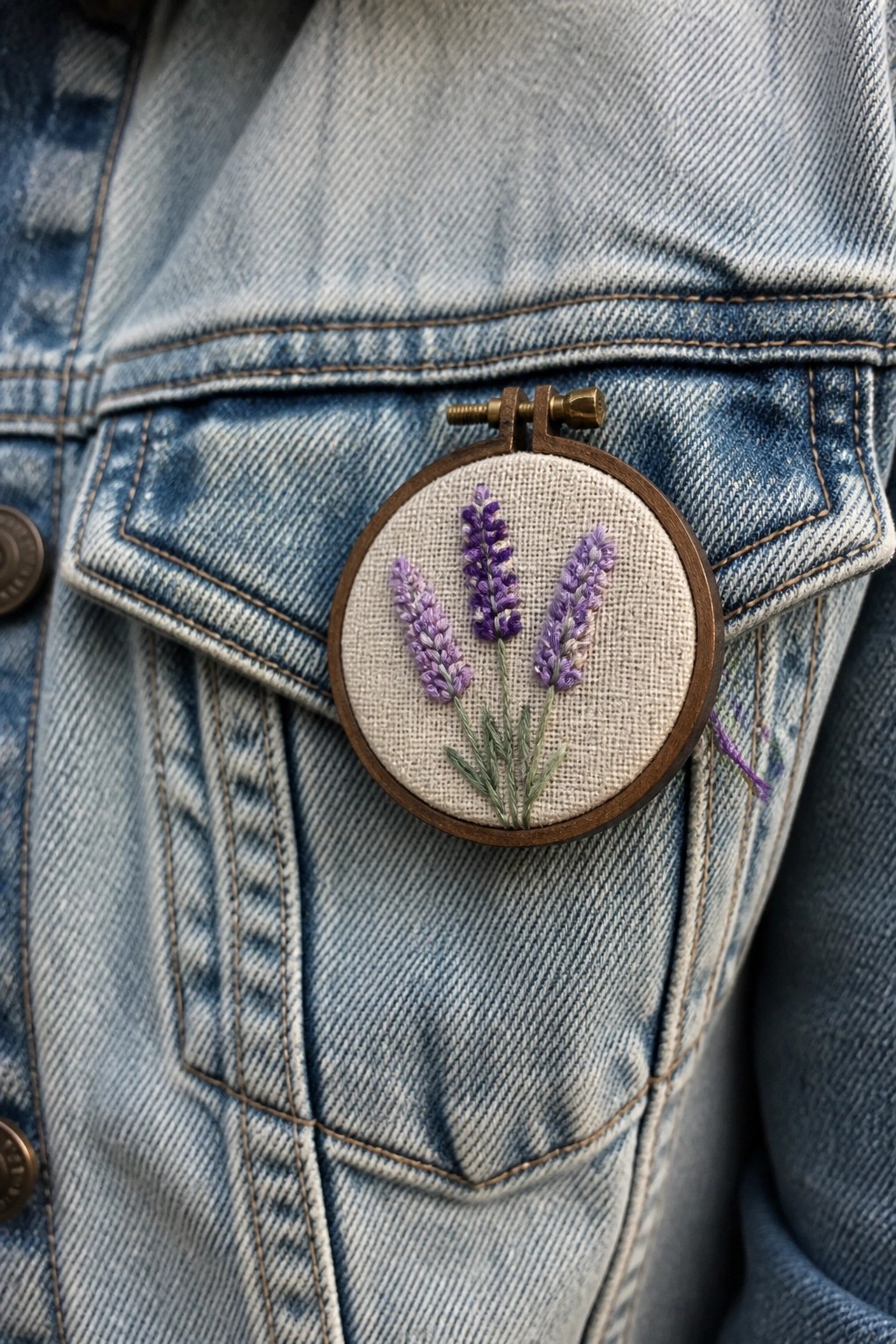 Embroidered lavender in tiny wooden hoop pinned to blue denim jacket
