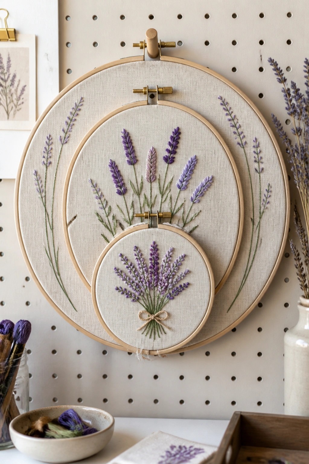 Nested embroidery hoops with purple lavender bouquets stitched on beige fabric.