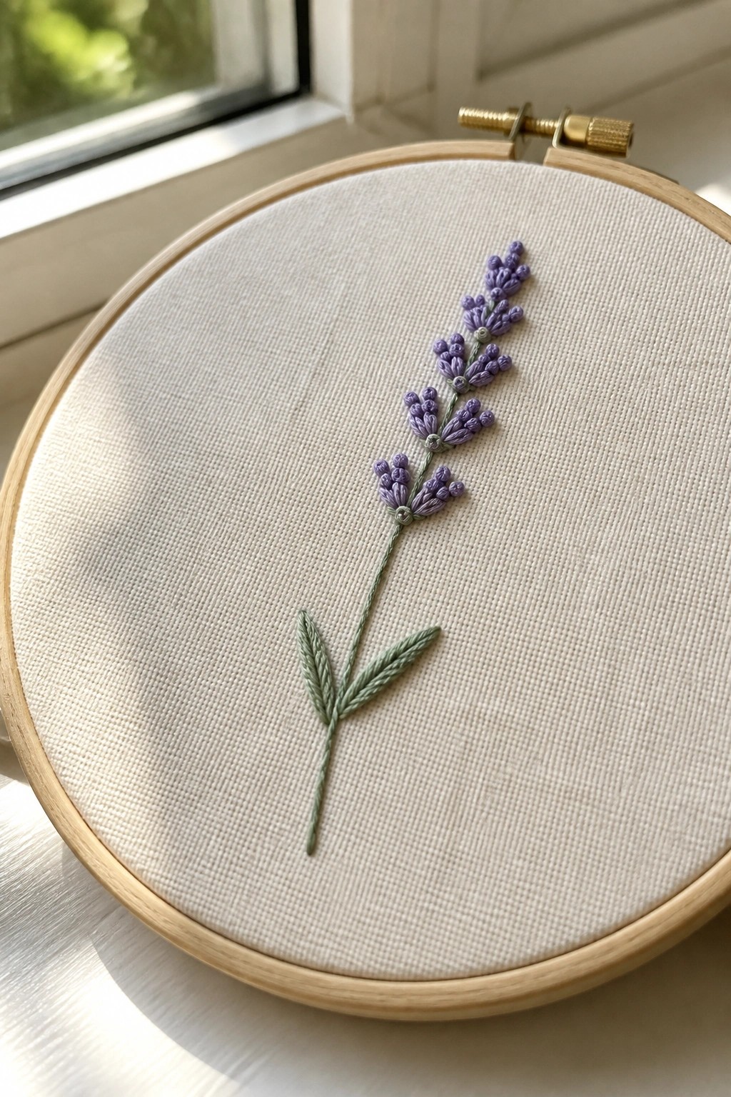 Embroidered lavender stem with purple flowers and green leaves in wooden hoop