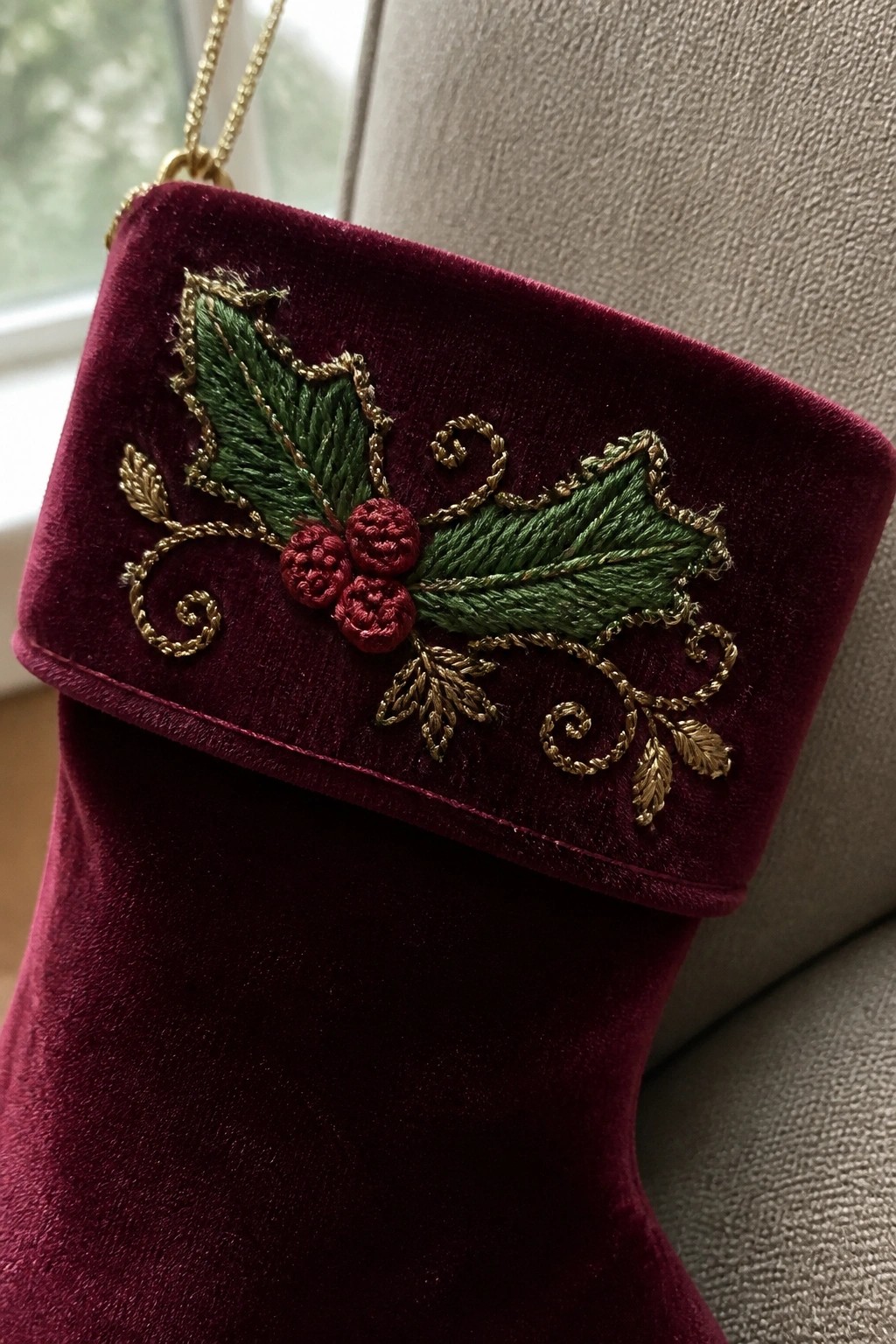 Maroon velvet Christmas stocking with embroidered holly, red berries, and gold accents