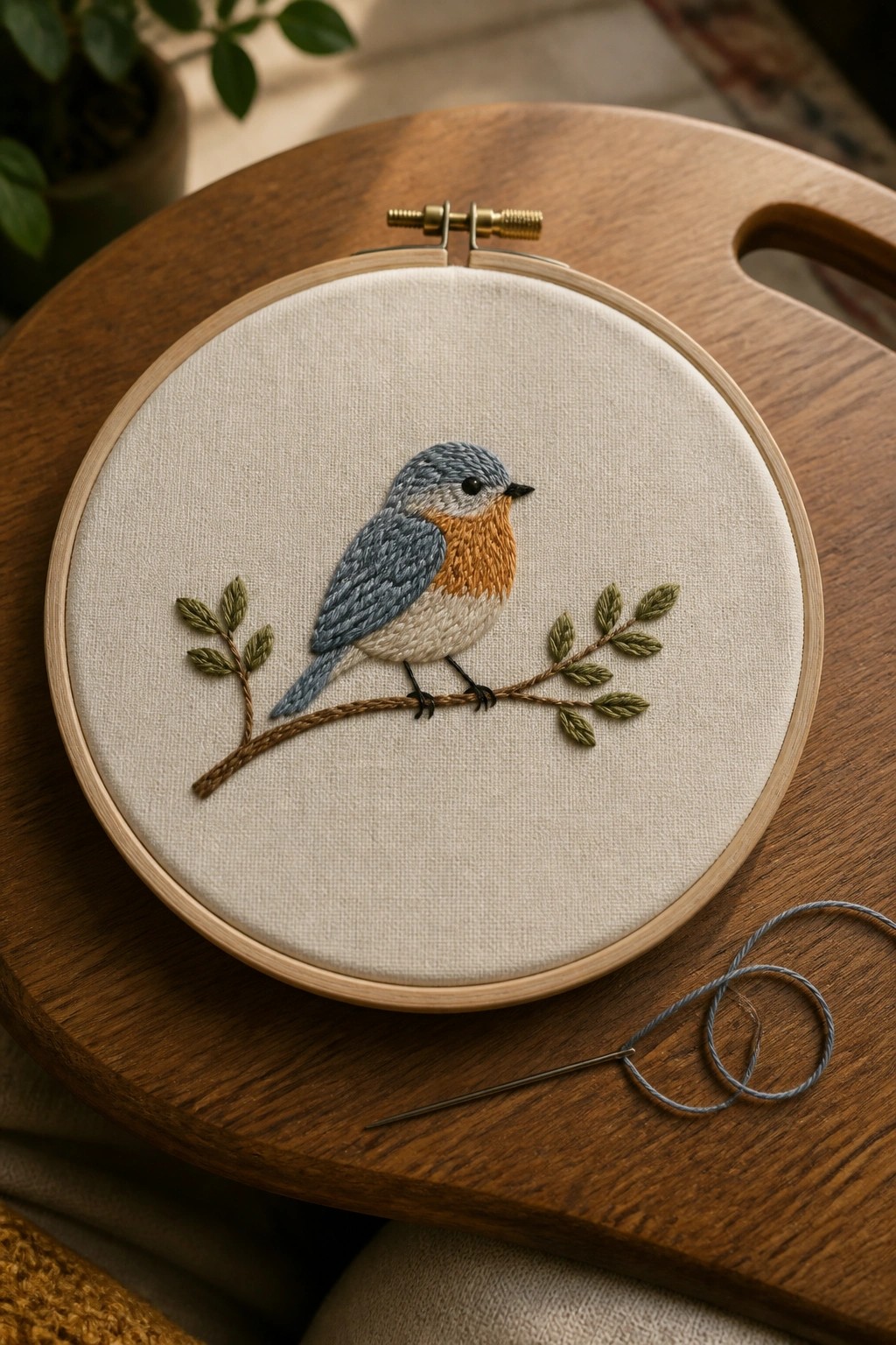 Embroidered blue and orange bird on leafy branch in wooden hoop with needle and thread.