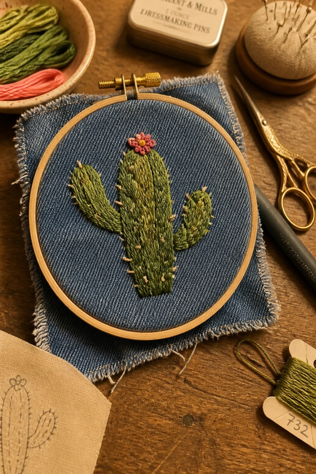 Green embroidered cactus with pink flower in hoop on blue denim amid sewing tools.