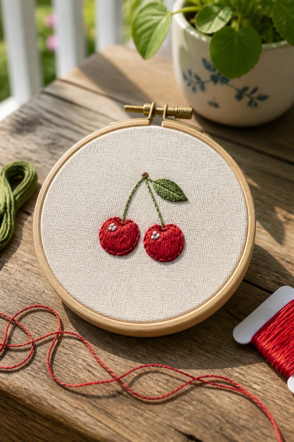 Red embroidered cherries with green stems and a leaf centered on white fabric inside a wooden hoop.