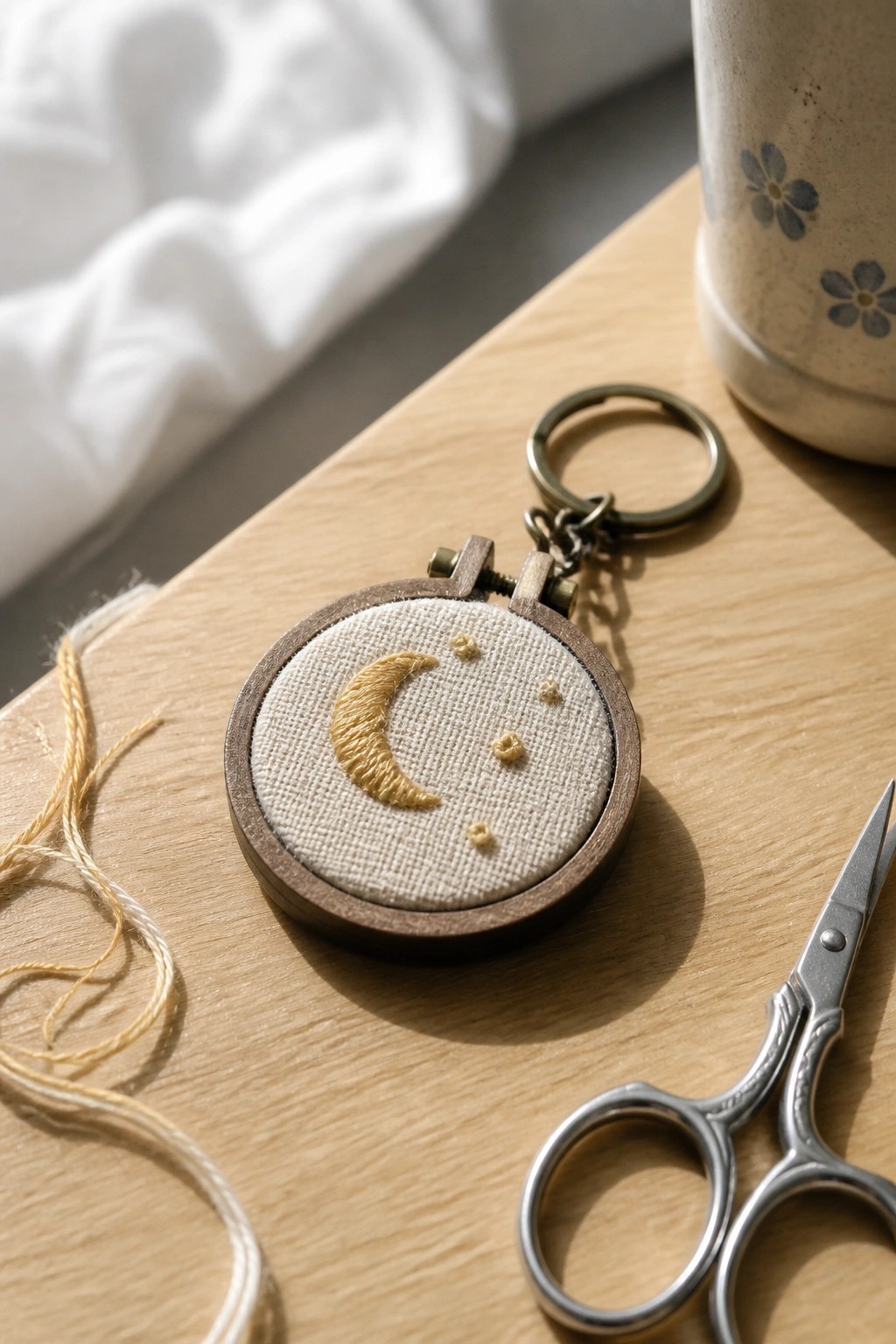 Miniature wooden hoop keychain embroidered with golden crescent moon and stars beside scissors.