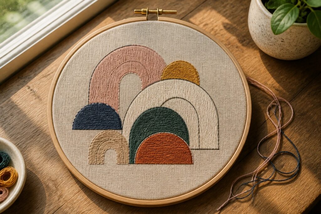 18 Free Modern Embroidery Ideas for Beginner Hoop Projects Embroidery hoop with colorful layered rainbow arches on beige fabric
