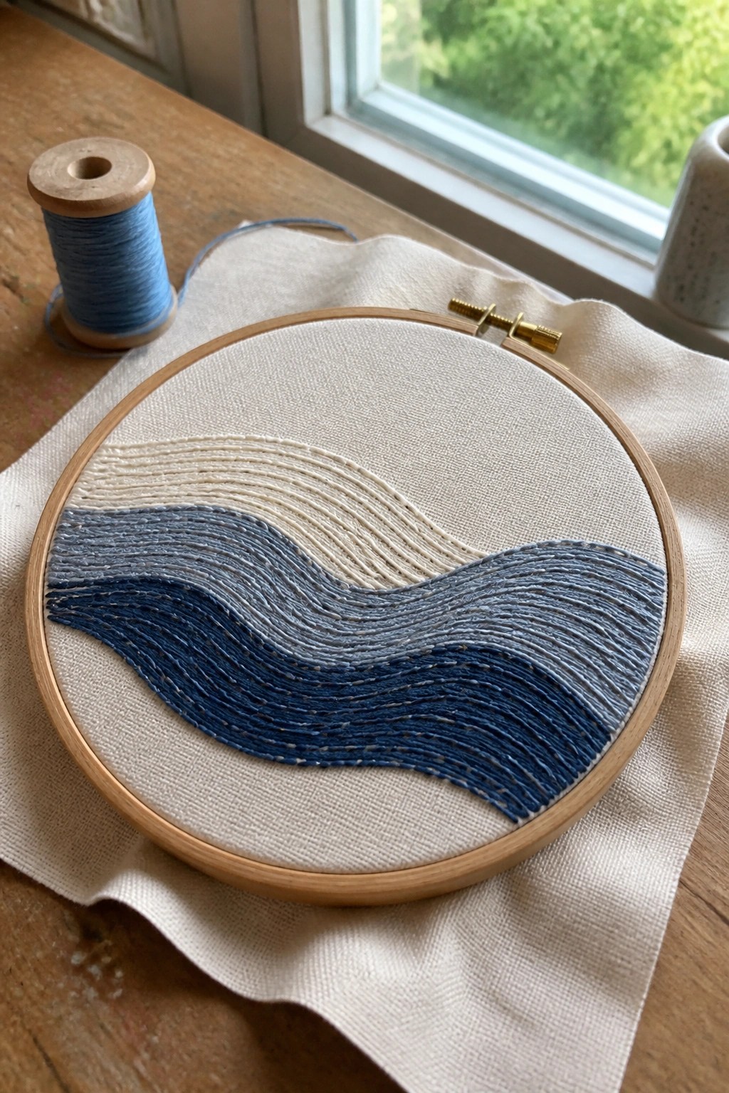 Embroidery hoop with blue wave stitches beside thread spool on wooden table by window