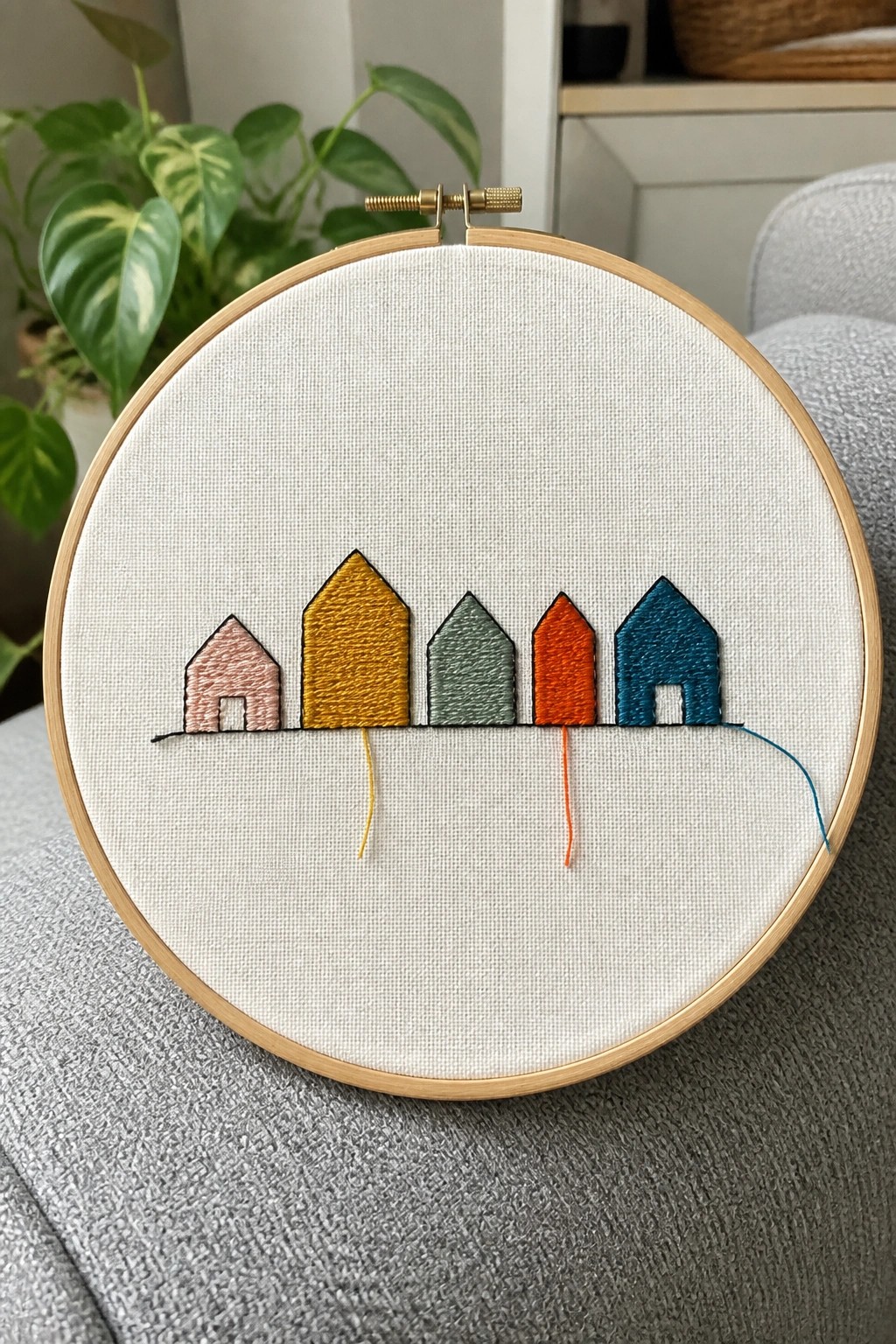 Wooden hoop with five colorful embroidered houses and dangling threads
