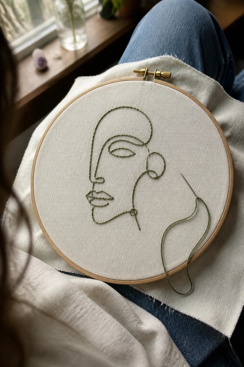 Wooden hoop with green stitched abstract face and needle resting on blue jeans.