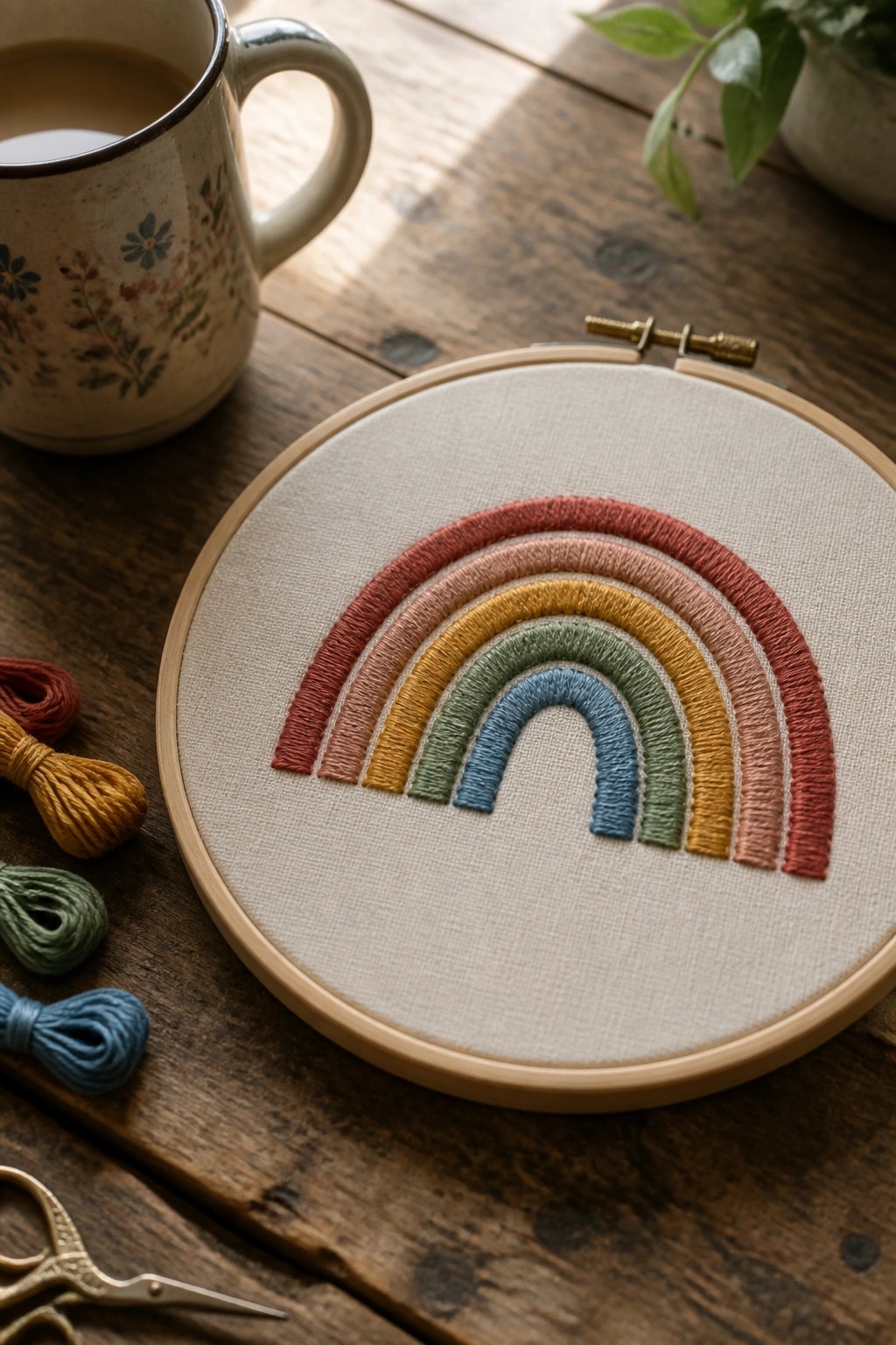 Rainbow embroidery hoop on wood table with mug, threads, and scissors