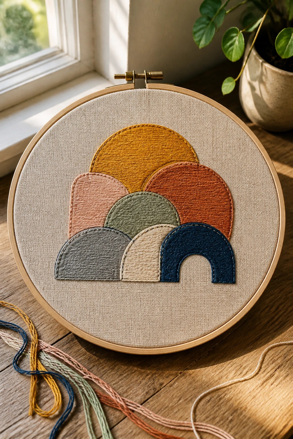 Embroidery hoop with colorful layered rainbow arches on beige fabric