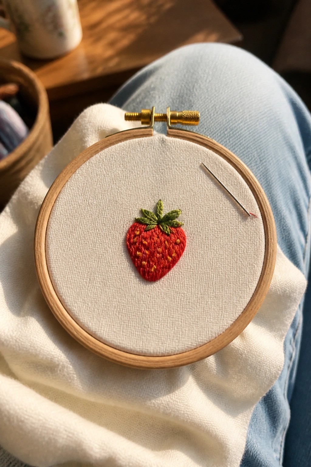A small red embroidered strawberry with green leaves and yellow seeds sits centered in a wooden hoop on white fabric with a needle nearby.