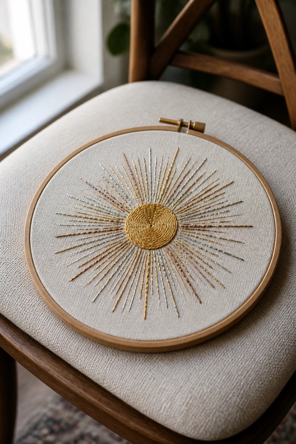 Golden sunburst embroidery hoop with radiating stitches on beige chair cushion