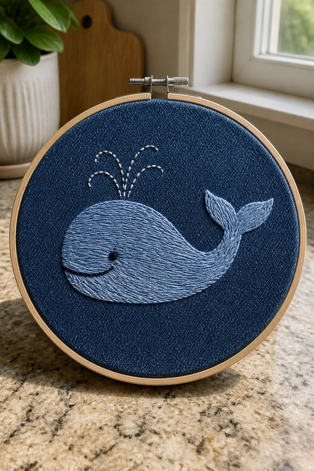 Wooden hoop with light blue embroidered whale and spout on dark blue fabric