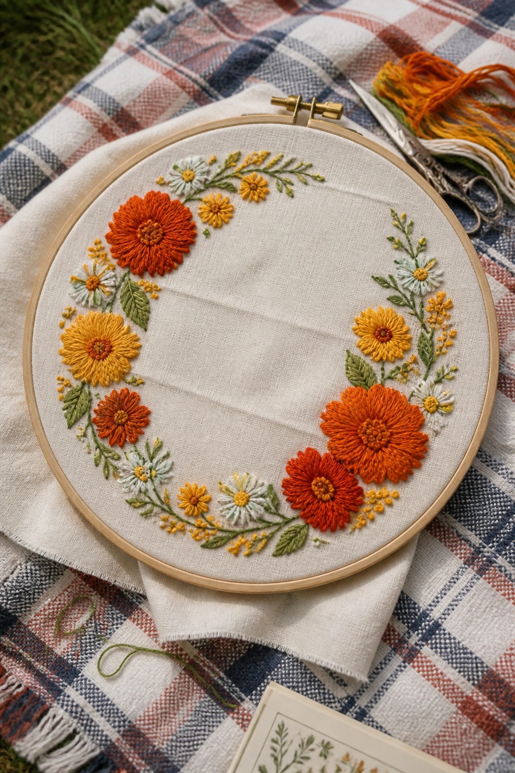 Vibrant floral embroidery hoop with orange and yellow flowers on plaid blanket outdoors.