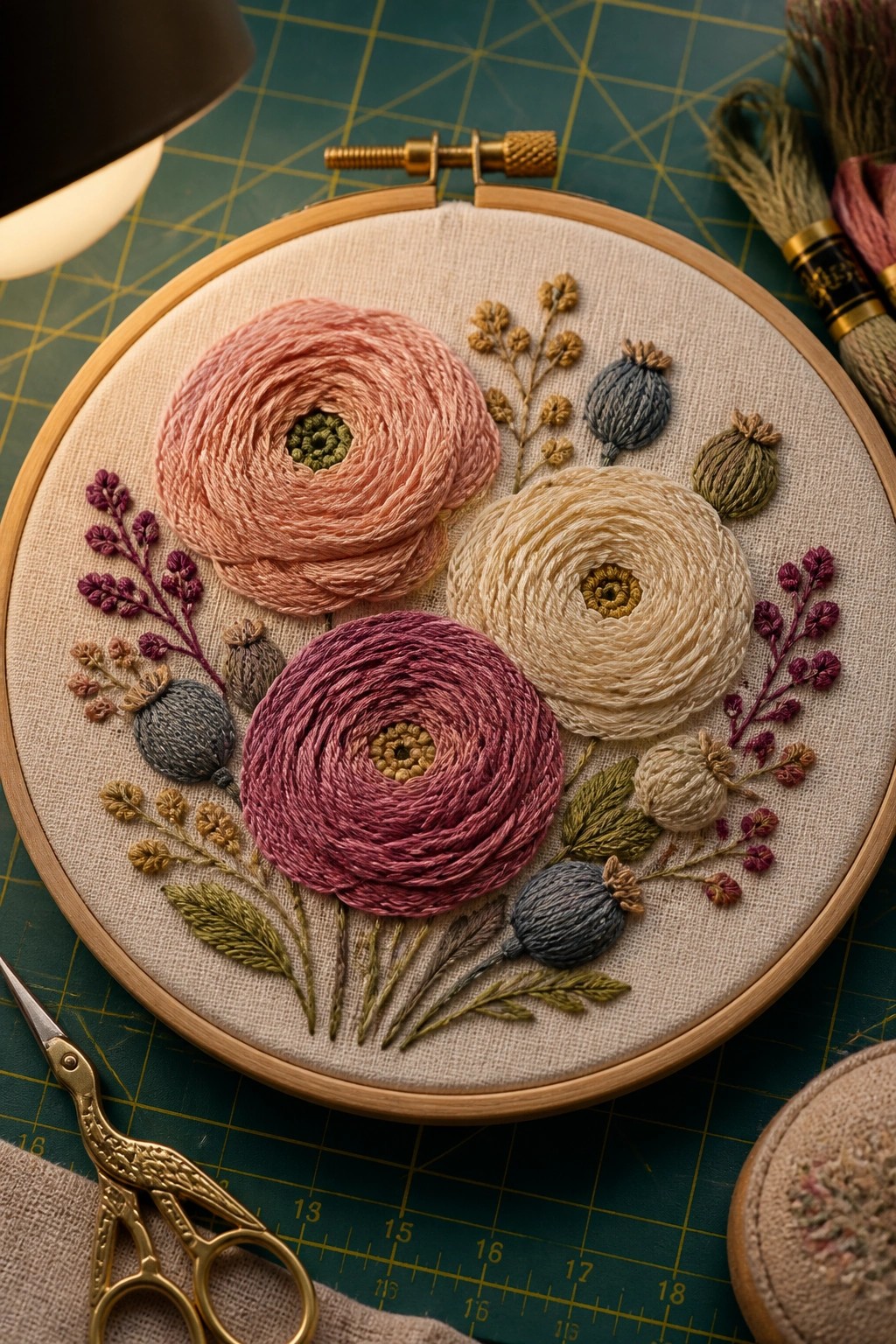 Embroidery hoop with pink, magenta, and cream flowers on green cutting mat with scissors