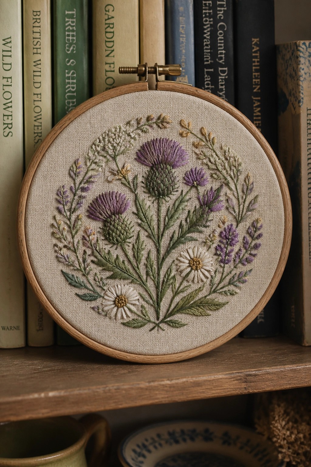 Embroidered wildflowers in purple, white, and green within a wooden hoop before books.