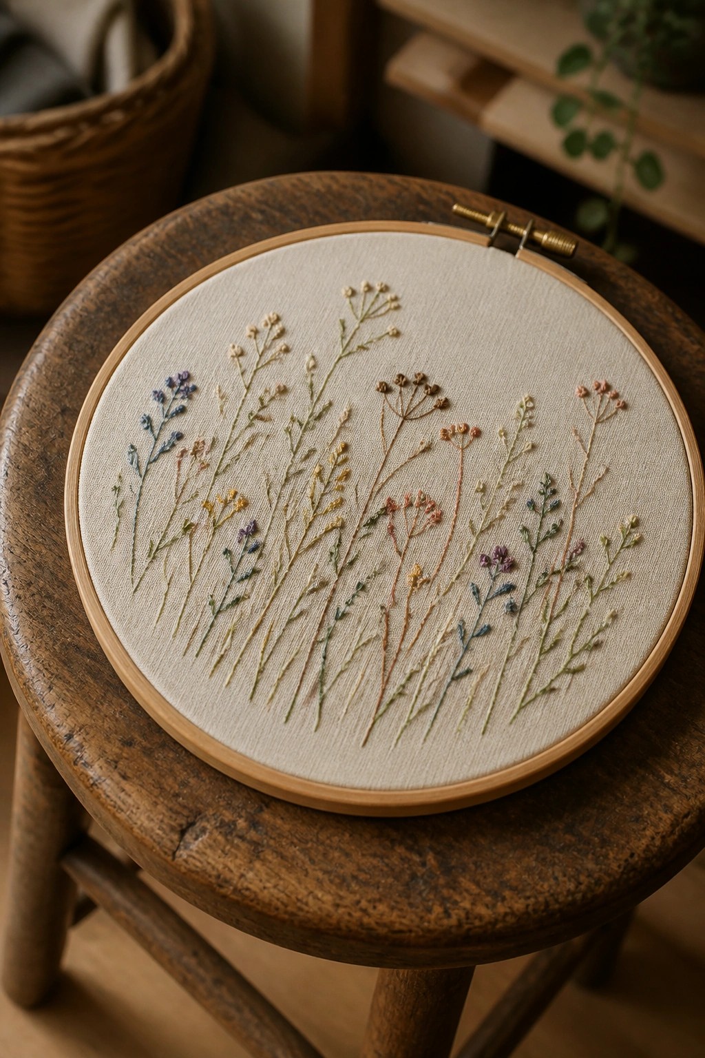 Round embroidery hoop holding fabric with multiple delicate wildflower stems in soft colors resting on a wooden stool.