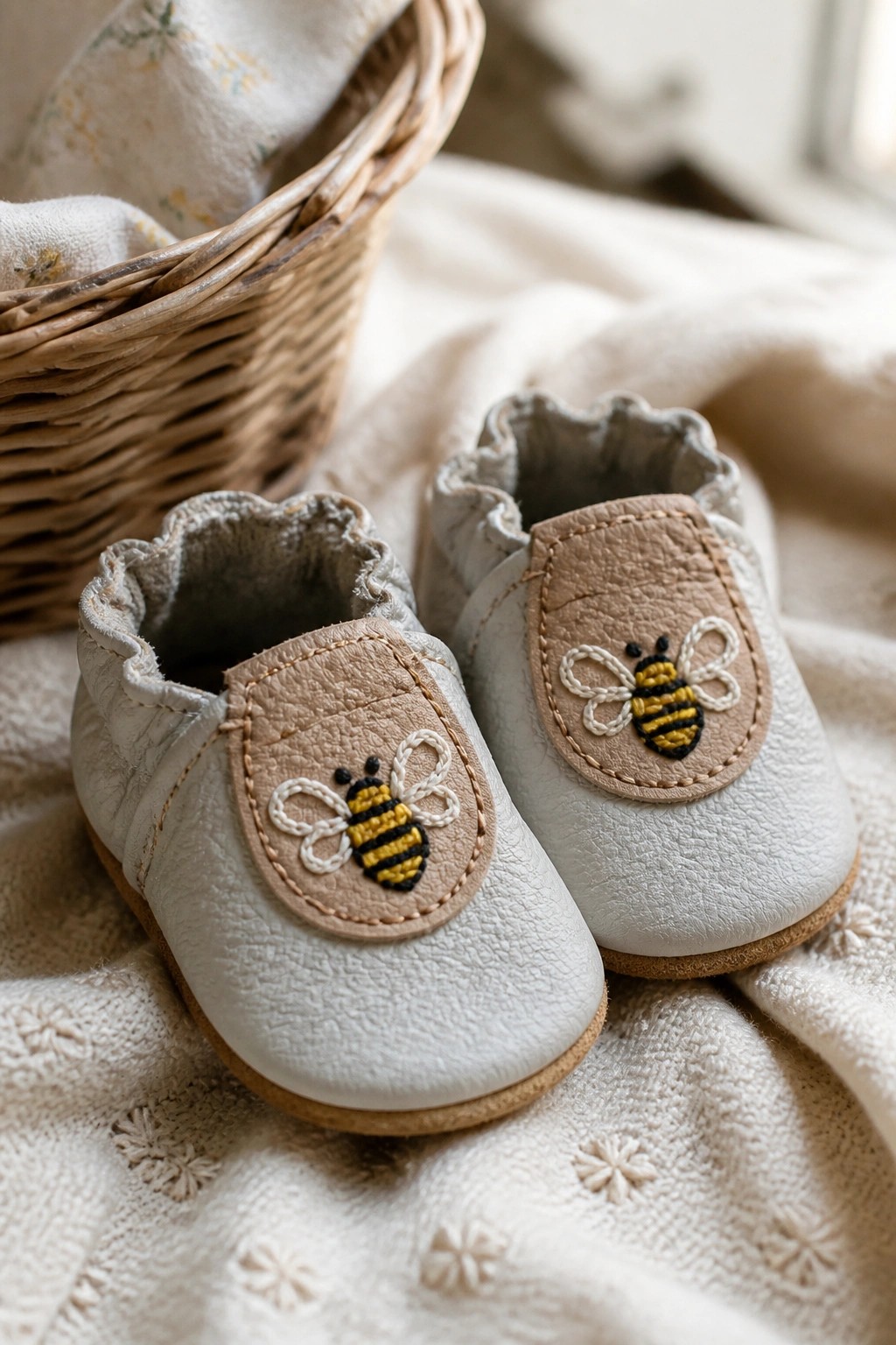 White leather baby booties with bee embroidery on a knitted blanket