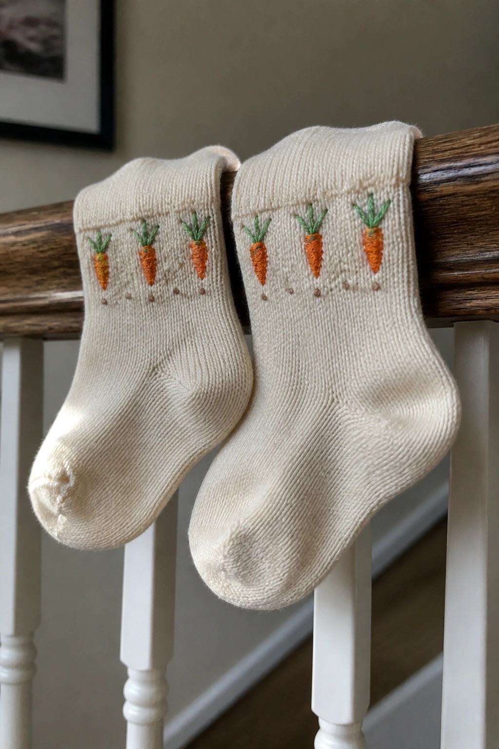 Two cream baby socks with carrot embroidery draped over wooden railing.