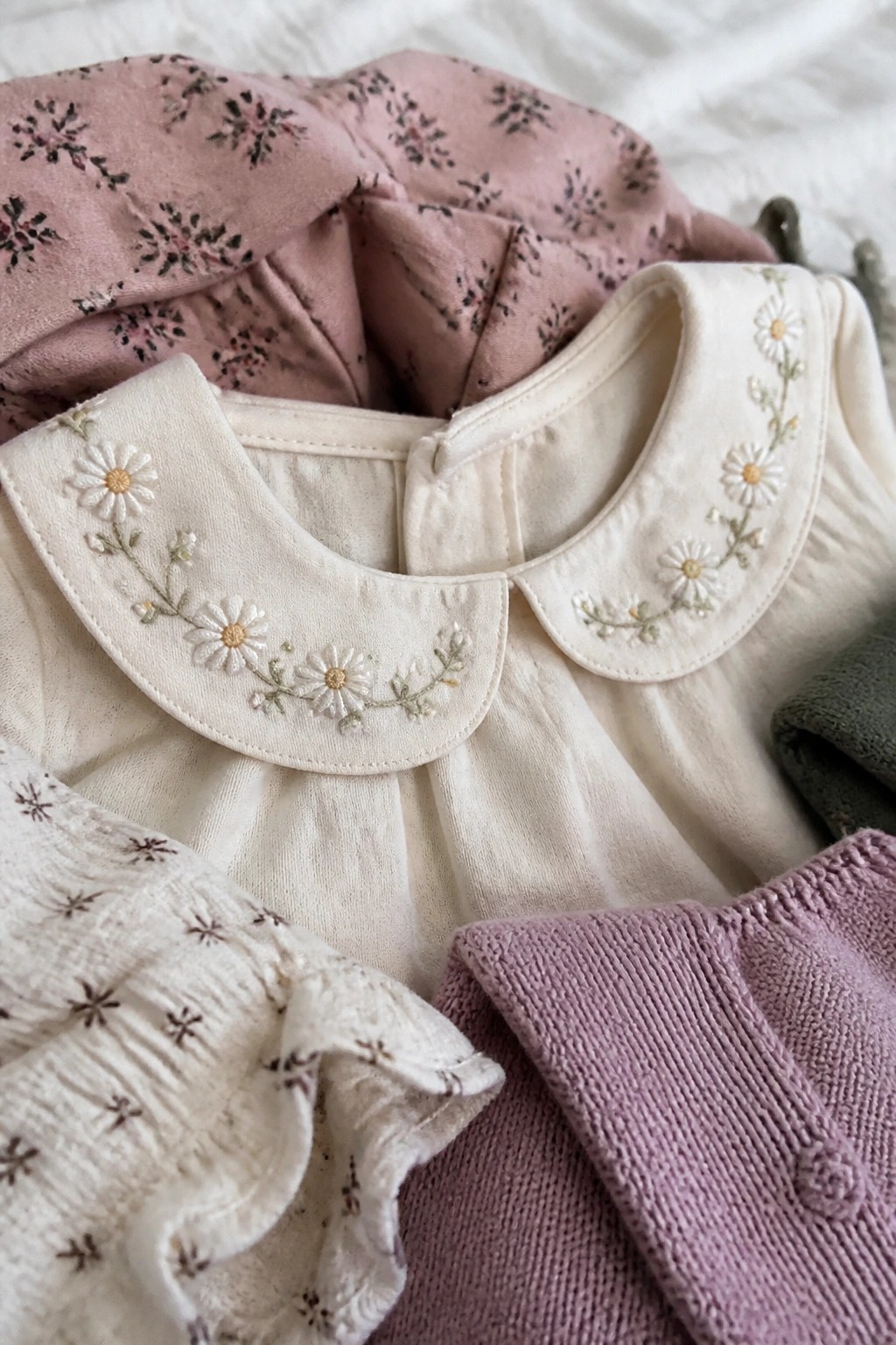 Layered children's clothing with daisy-embroidered collars, floral prints, and soft knits in pastels.