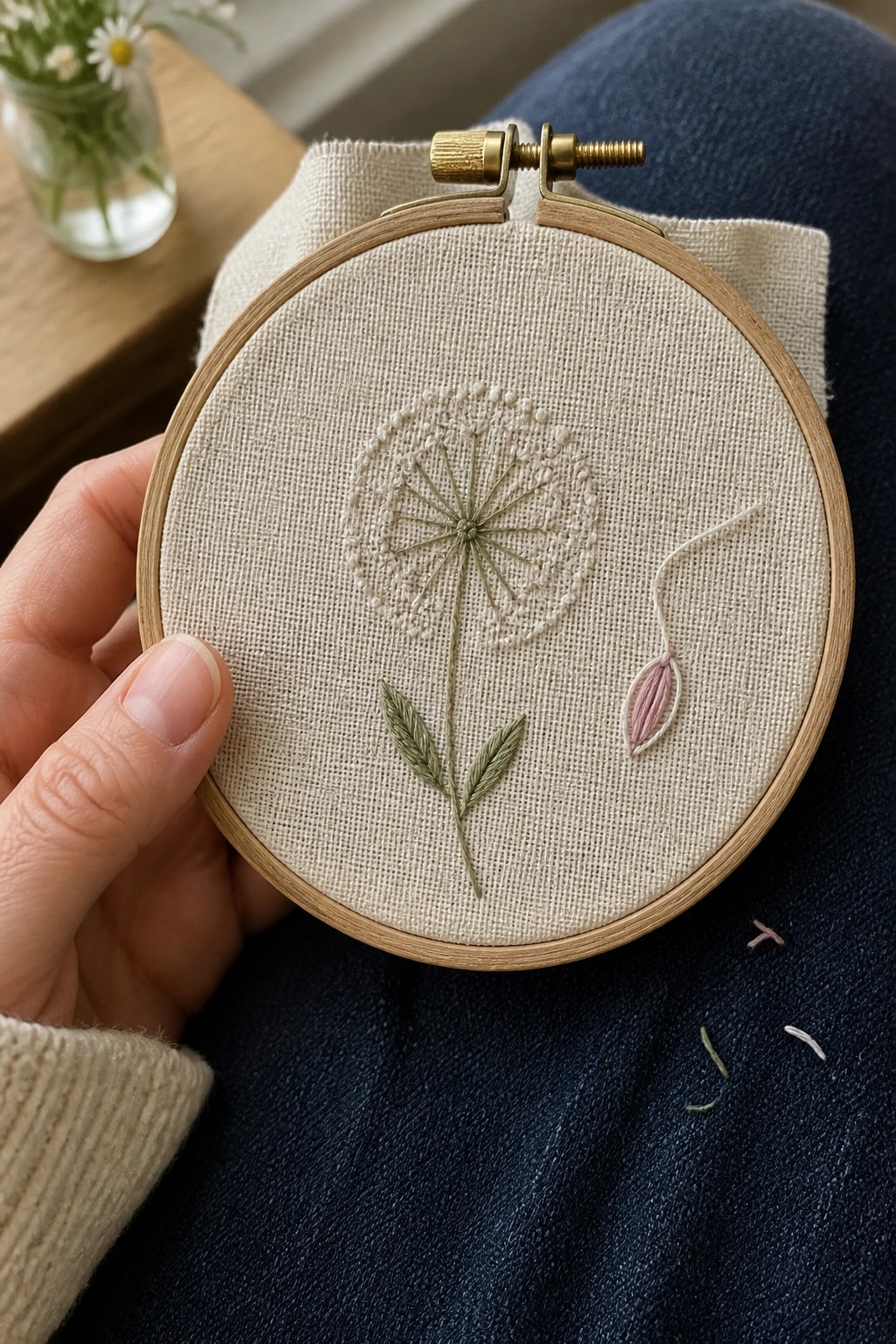 Hand in cream sweater holds hoop with dandelion embroidery over blue denim jeans