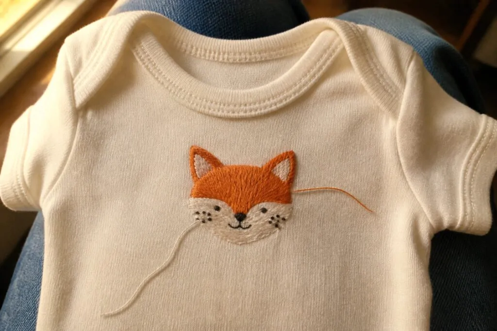18 Lovely Embroidery on Baby Clothes Ideas for Personalized Keepsakes Cream baby onesie with orange embroidered fox face on the chest.