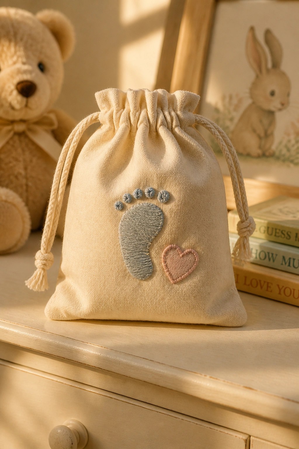 Cream drawstring bag embroidered with baby footprint and pink heart beside teddy bear.