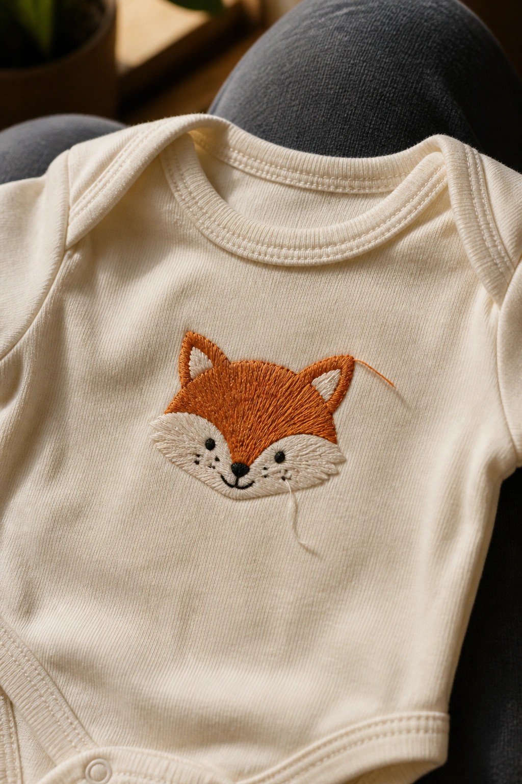 Cream baby onesie with orange embroidered fox face on the chest.