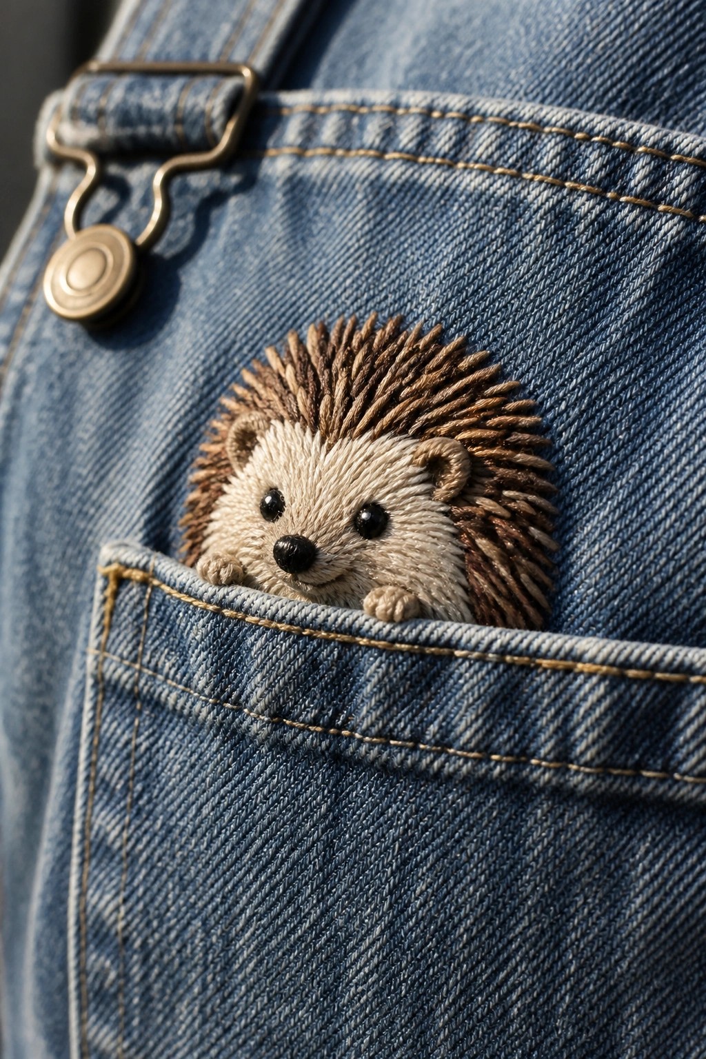Embroidered hedgehog peeking from blue denim overalls pocket near metal buckle