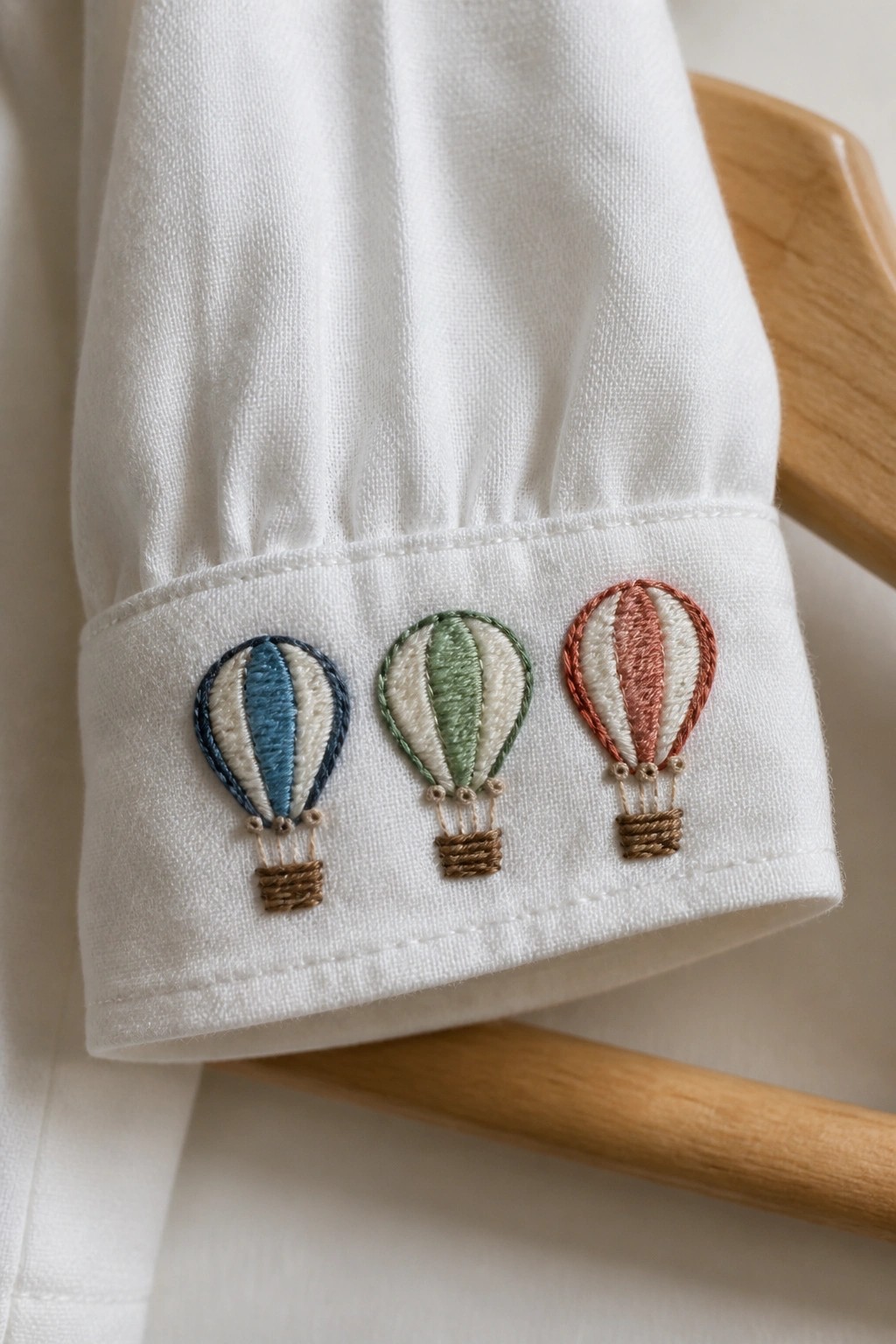 Three embroidered hot air balloons in blue, green, and rust sit along the cuff of a white garment.