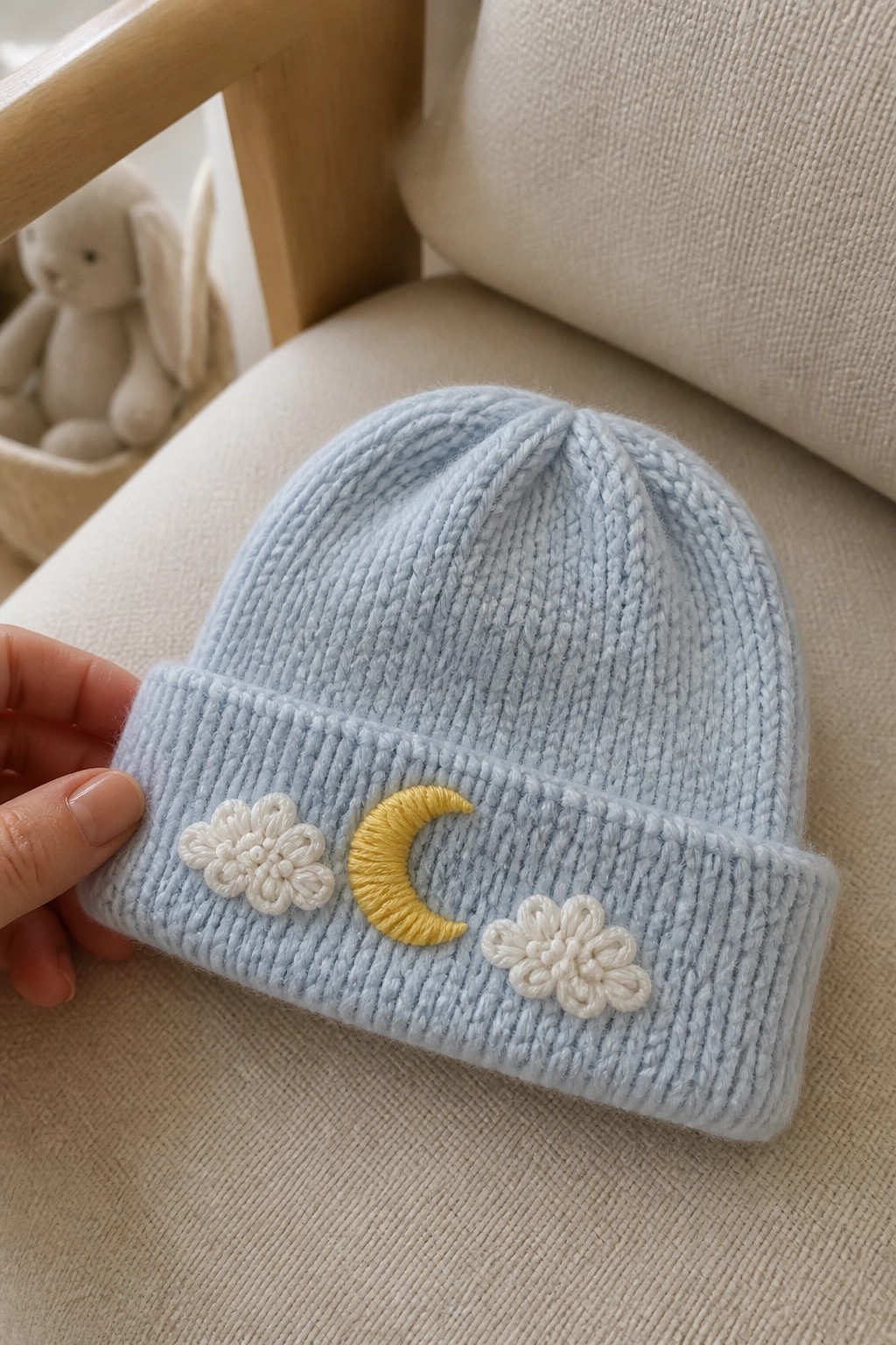 Light blue knitted baby hat with yellow moon and white cloud embroidery on brim